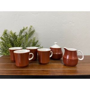 Vintage Mikasa Sun Blaze Brown Cera Stone Sugar, Creamer, and 4 Coffee Cup Set